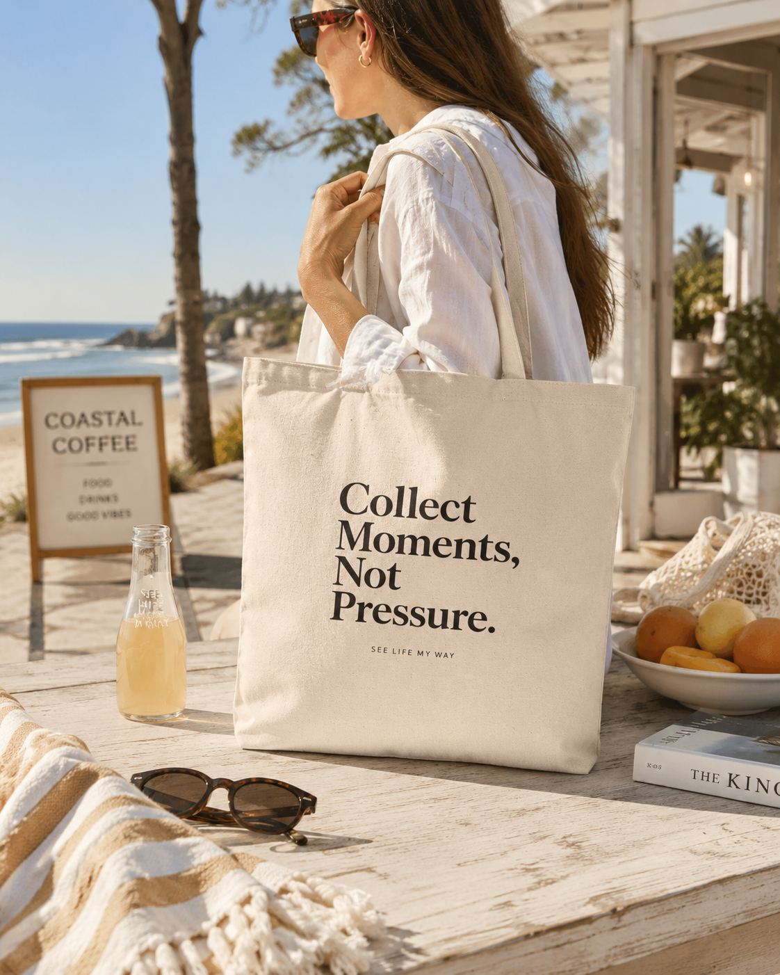 Collect Moments, Not Pressure Cotton Canvas Tote Bag by See Life My Way